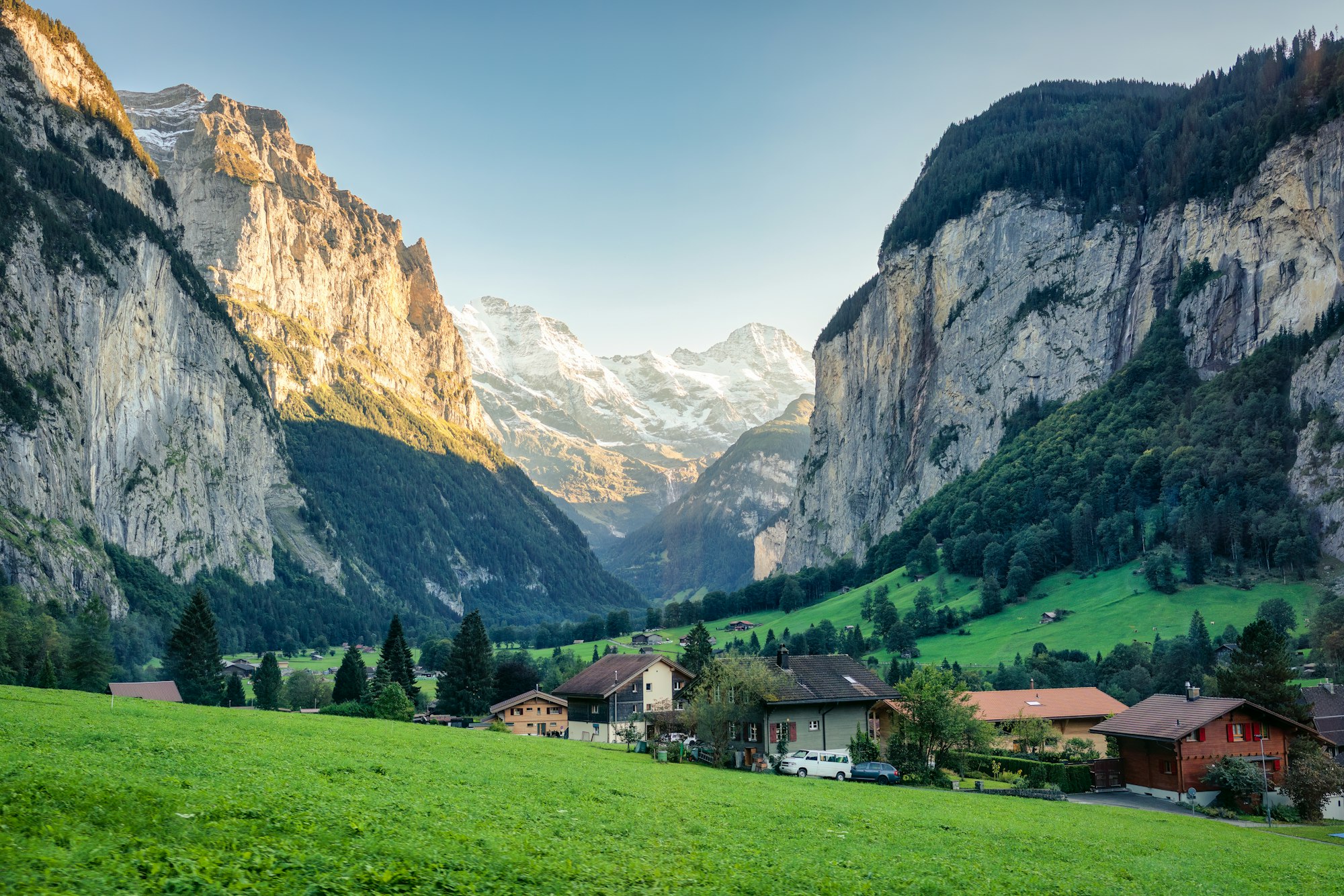 Lauterbrunnen valley with rustic village in the evening at Switzerland